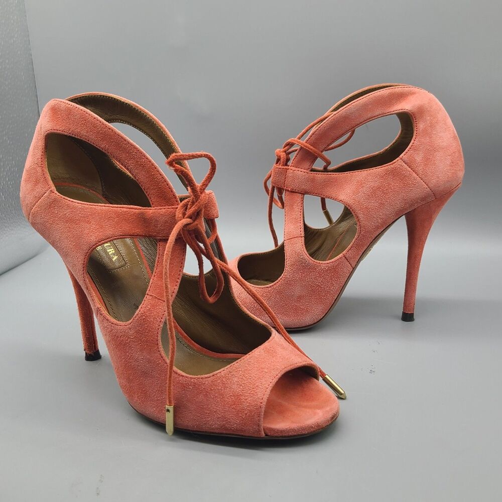Aquazzura Womens heels sandals Coral Suede C'est Chic ties open toe Size 8/ 38
